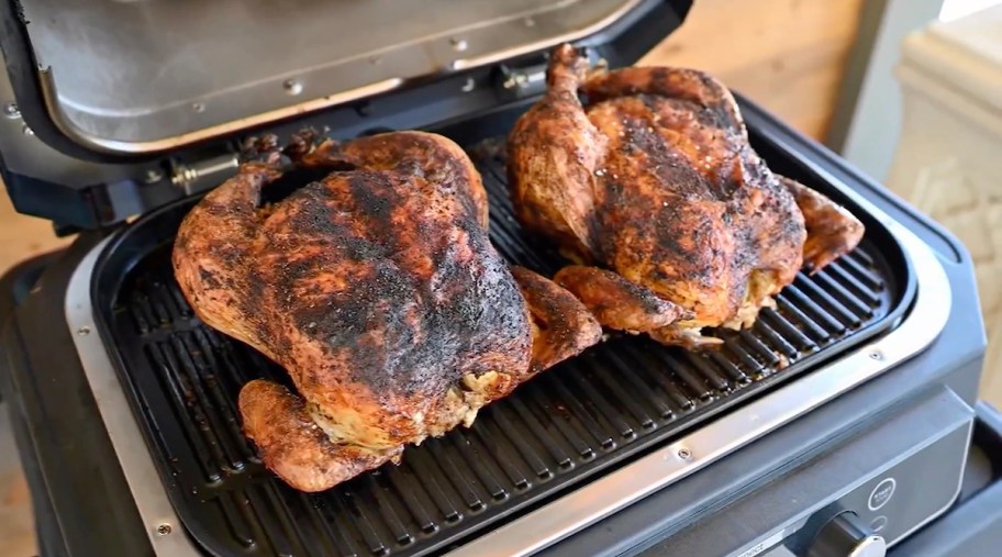 close up of two chickens on ninja outdoor grill