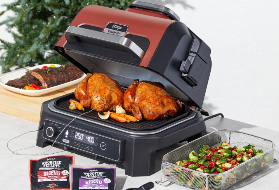 close up of ninja grill with two chickens on countertop with food pack and grilled veggies 