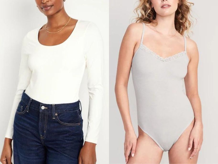 2 women wearing Old Navy Long-Sleeve Bodysuit and Lace-Trimmed V-Neck Bodysuit