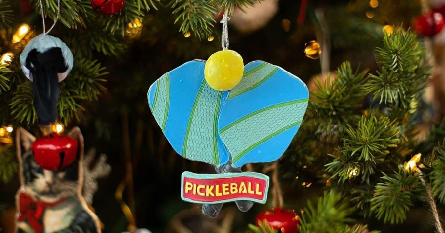 A Pickleball Ornament on a tree