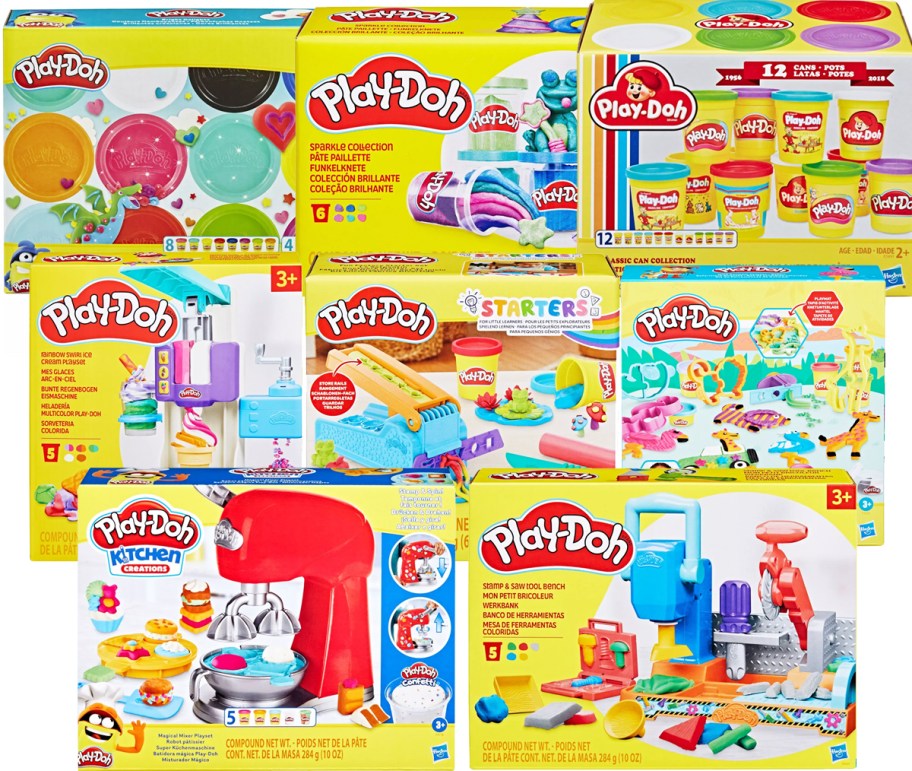 multiple boxes of play-doh sets