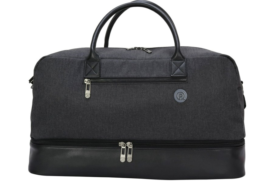 grey duffle bag with multiple zippered onlinepartments