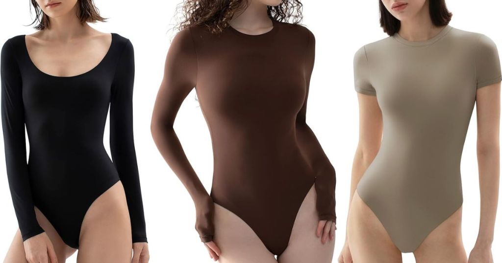 woman wearing black bodysuit, woman wearing brown bodysuit and woman wearing green bodysuit