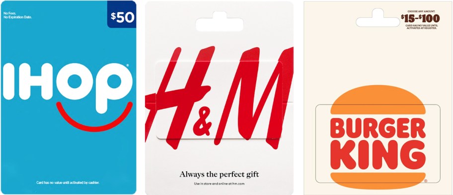 ihop, H&M, and burger king gift cards