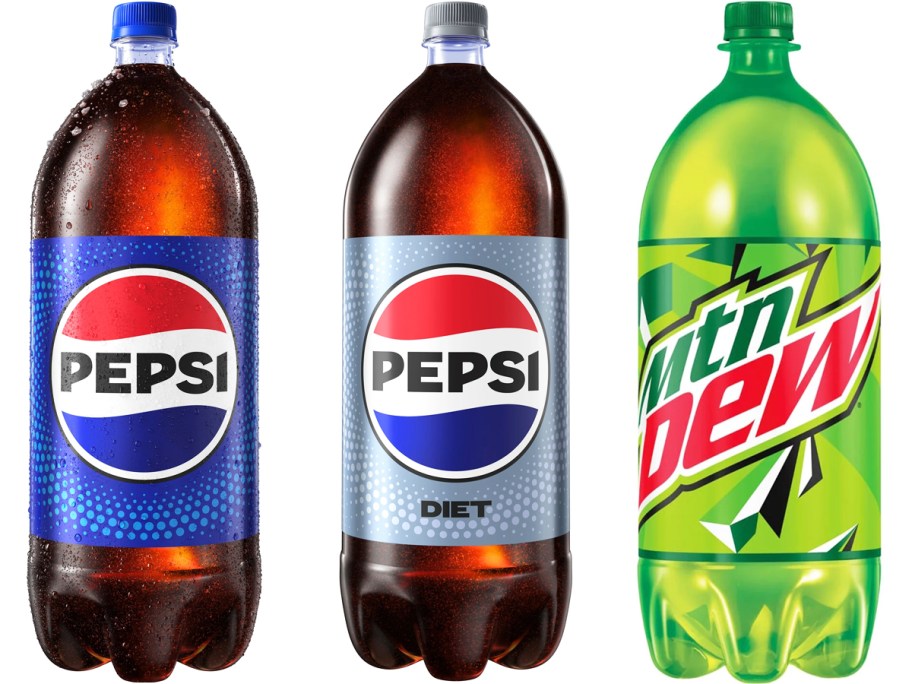 2-liter bottles of pepsi, diet pepsi, and mountain dew sodas