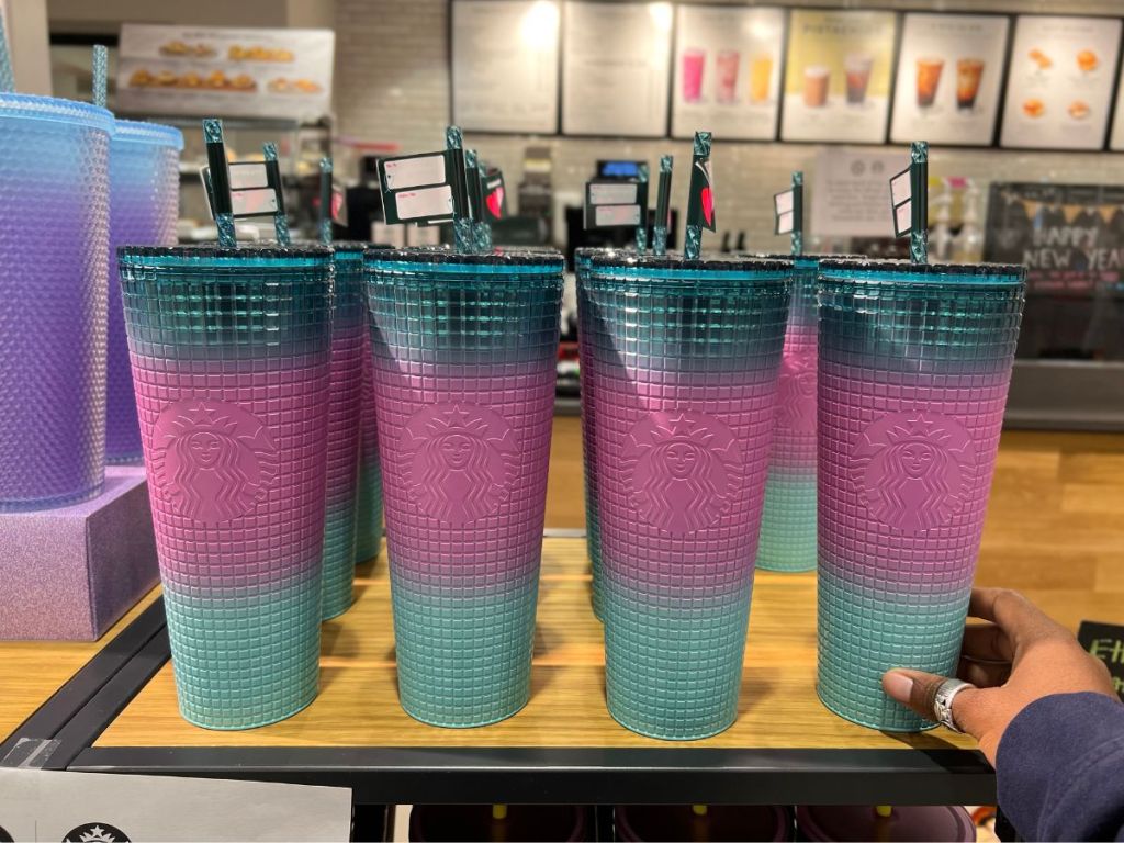 Starbucks blue, purple, teal ombre Studdled Tumbler on shelf at Target