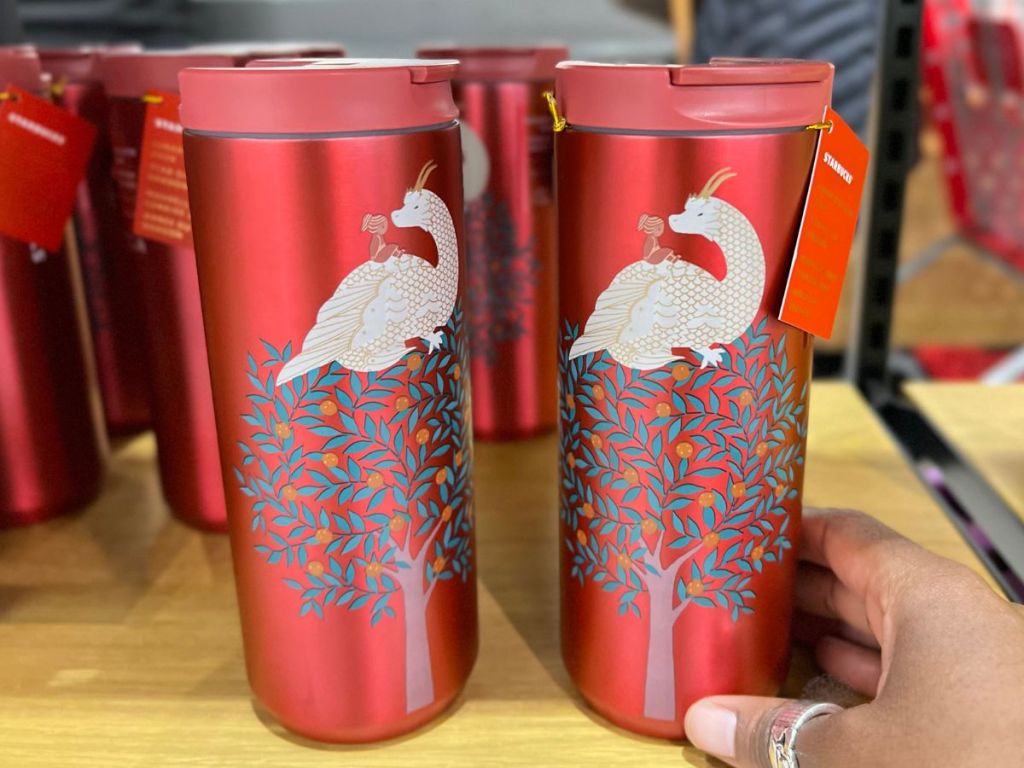 Starbucks Lunar New Year - Year of the Dragon Red Coffee Tumbler on shelf