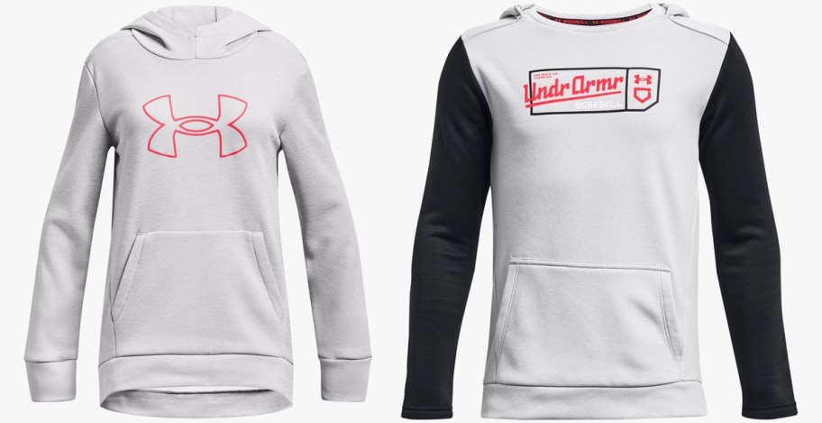 two light grey under armour hoodies