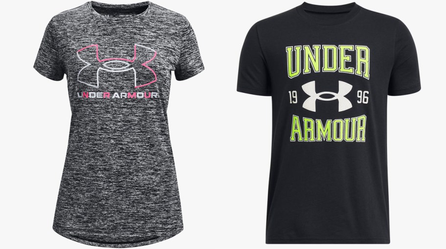 grey and black under armour shirts