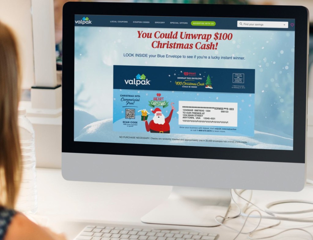 Valpak Christmas Cash promo for 2023 shown on a onlineputer