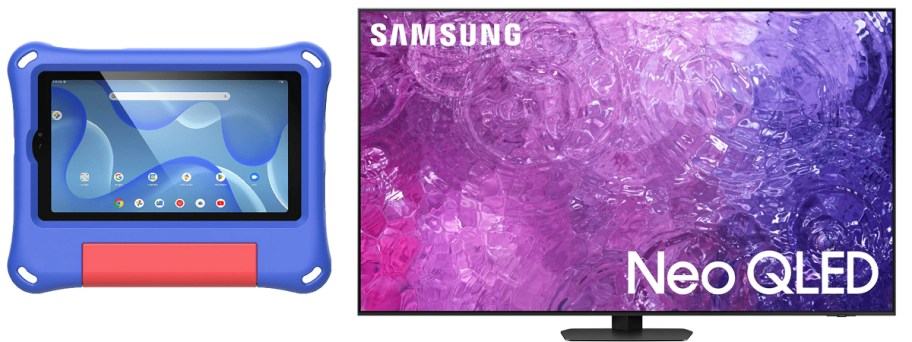 blue kids tablet and samsung tv