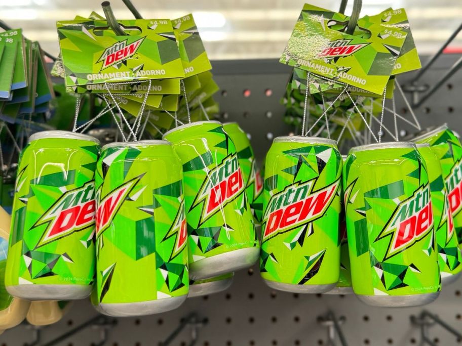 Mountain Dew Ornaments hanging on pegs at Walmart