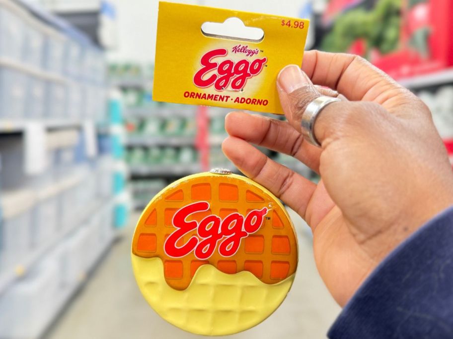 Hand holding up a Kellogg's Eggo Waffle Ornament