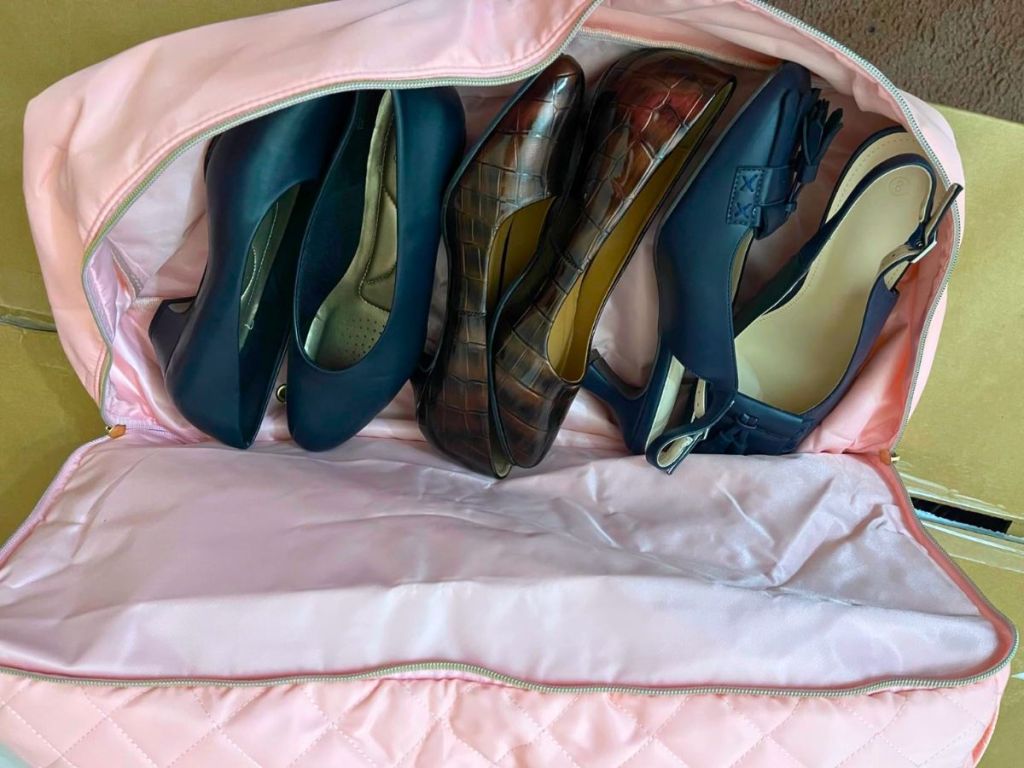 Wedama Large Weekender Duffle Bag shoe onlinepartment shown with 3 pair of womens shoes stashed inside