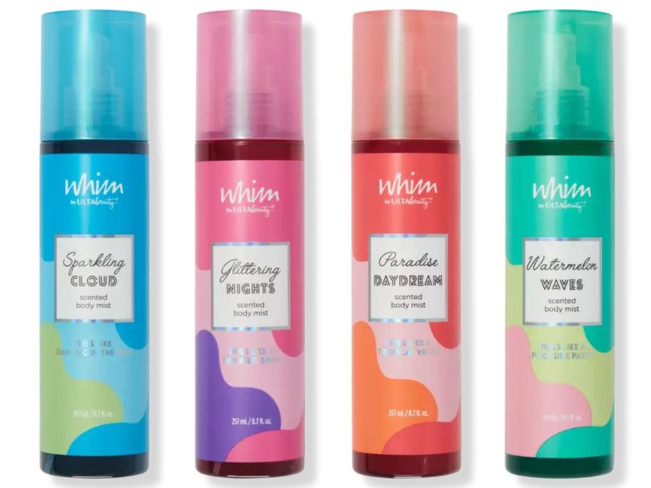 4 Whim Ulta Beauty Scented Body Mist bottles