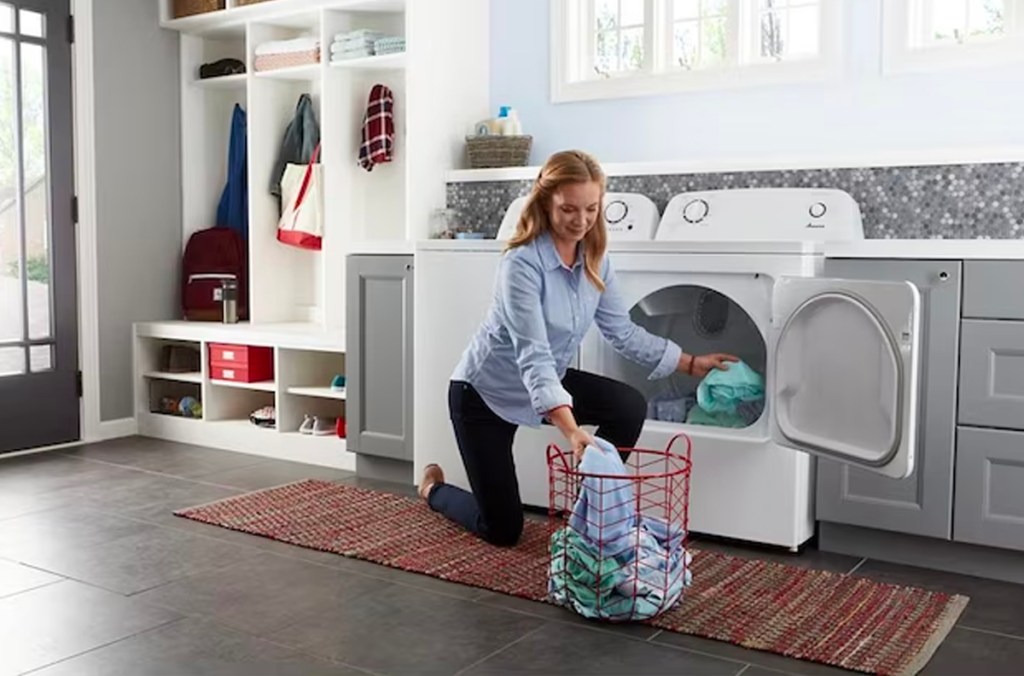 amana washer and dryer in white in laundry room