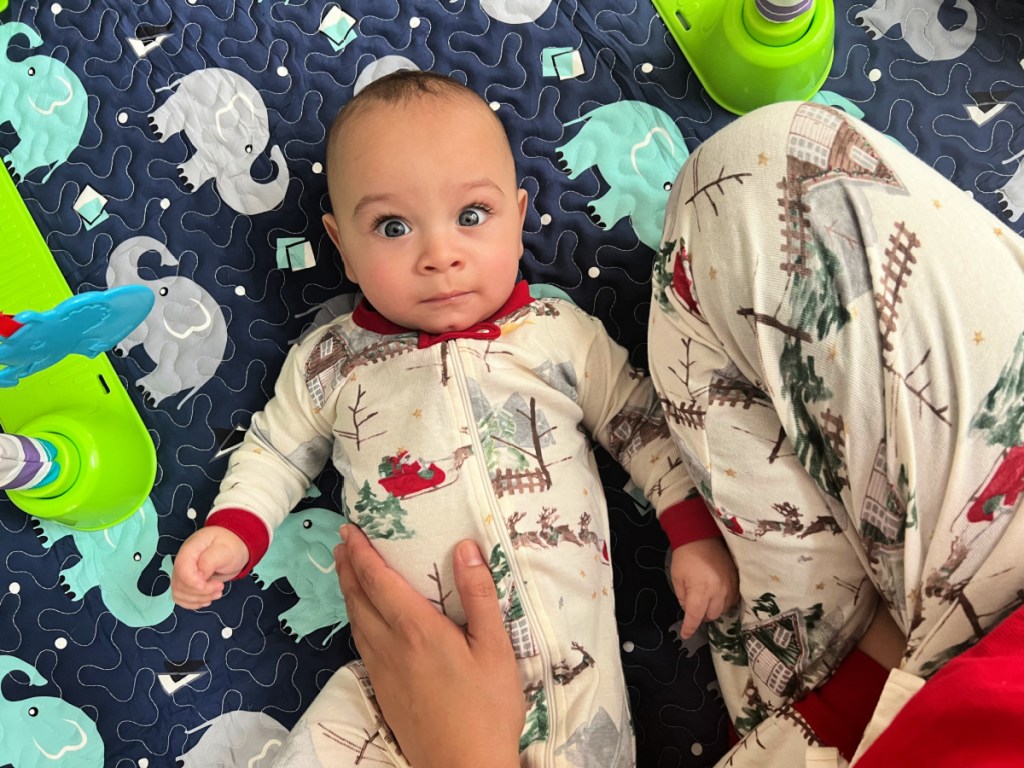 baby & mom in burts bees holiday pajamas