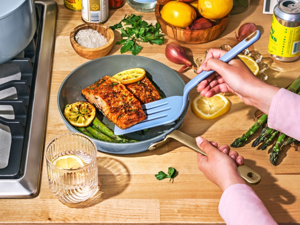 ceramic coated pan with food on it