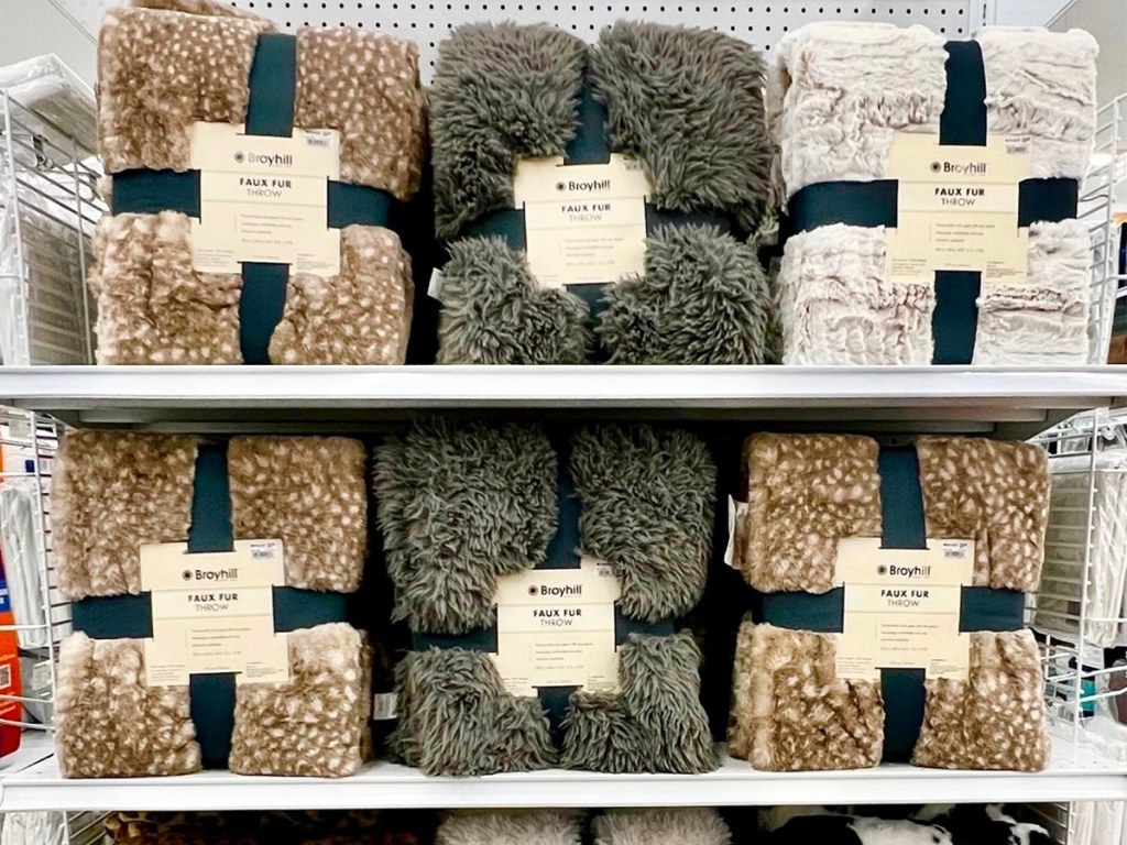 broyhill faux fur blankets on shelf in big lots