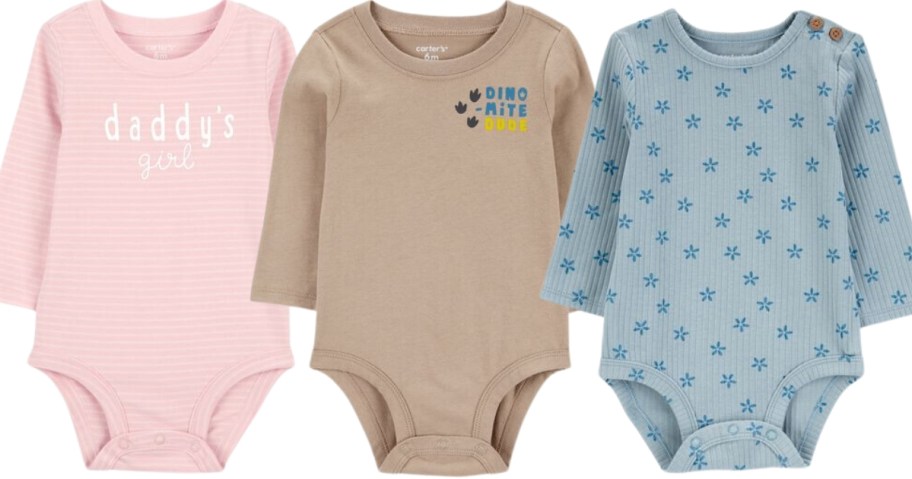 baby long sleeve bodysuits in a pink and white stripe, tan, and blue with snowflakes