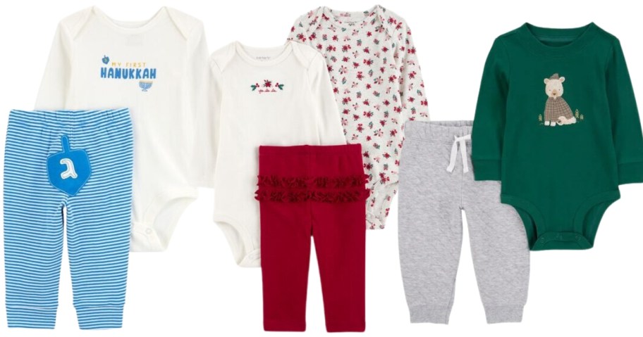 baby clothes outfits, one blue and white with "My First Hannukah", a 3 piece set with 2 bodysuits and red ruffle pants, and a sweatshirt and jogger style pants set with a green top with a bear on it