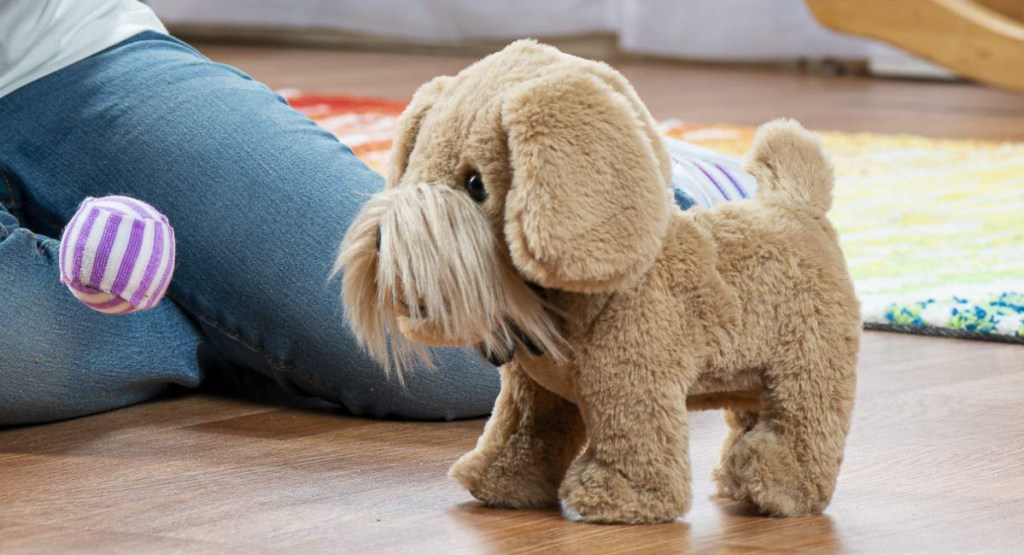 child playing with remote dog and ball