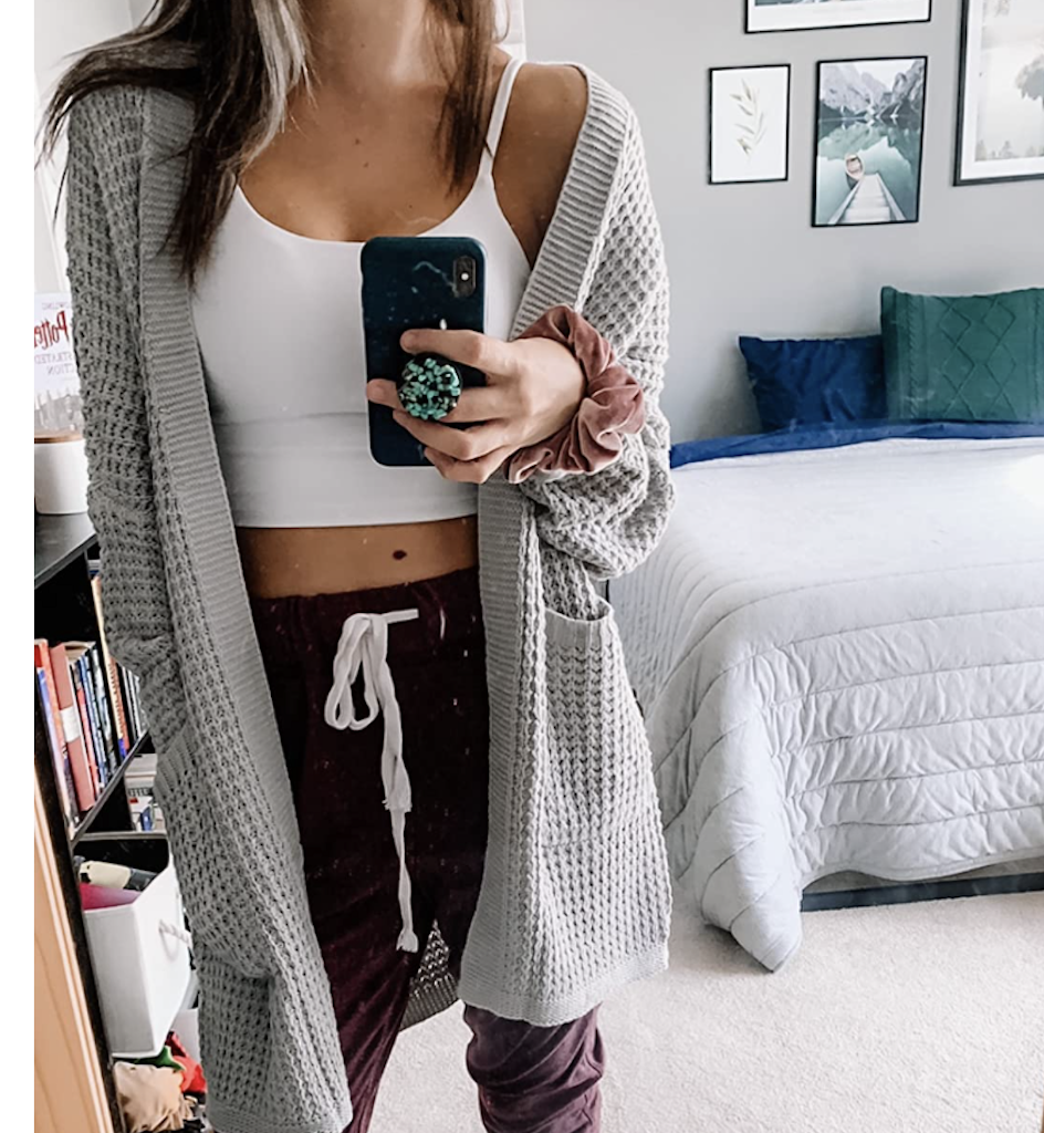 woman wearing chunky knit cardigan 