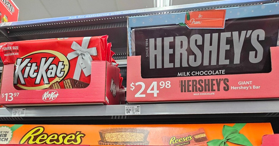 kit kat and hersheys giant candy bars on shelf 