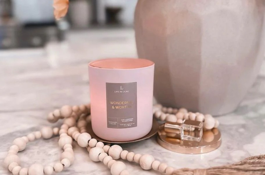 wonderful & worthy candle on kitchen couonter