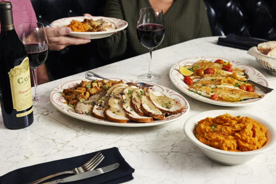 Thanksgiving dinner served on a white tablecloth