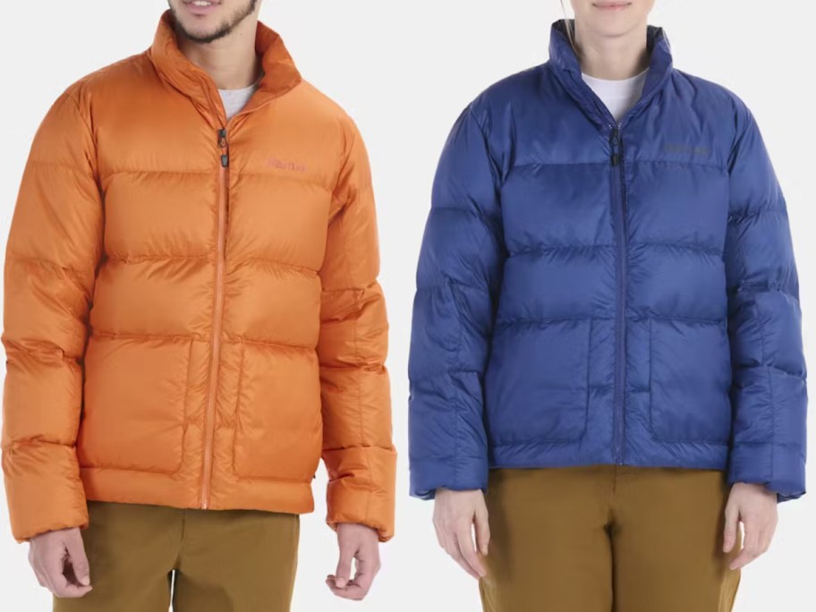 orange and blue puffer jackets