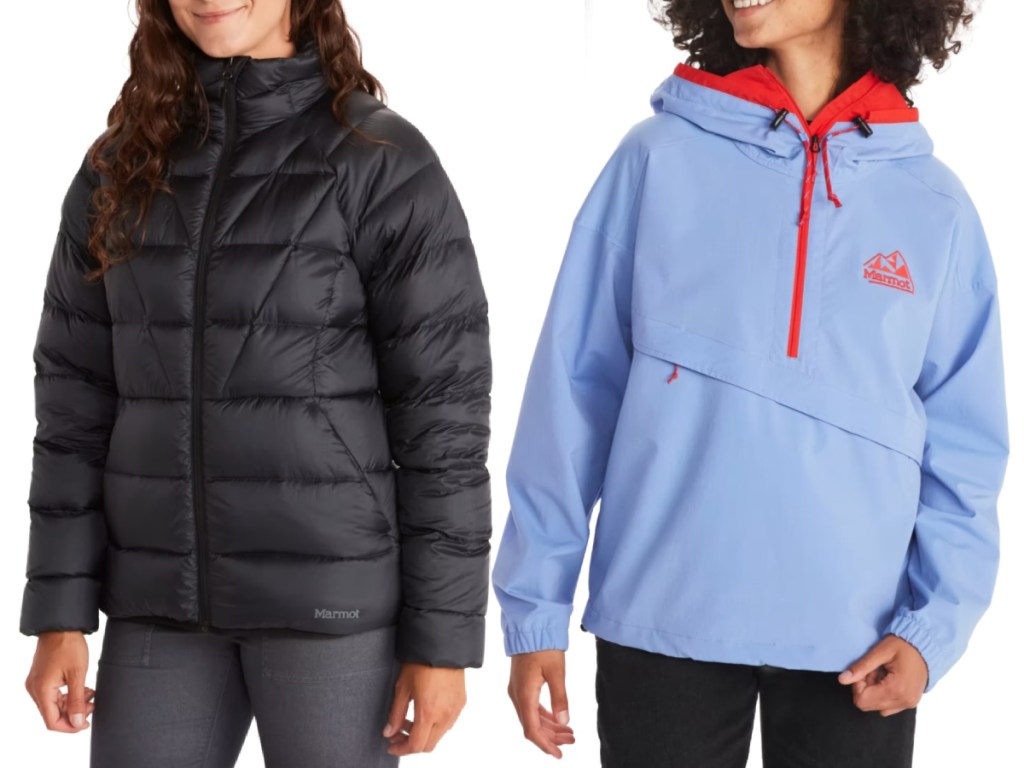 women wearing black puffer and blue jacket