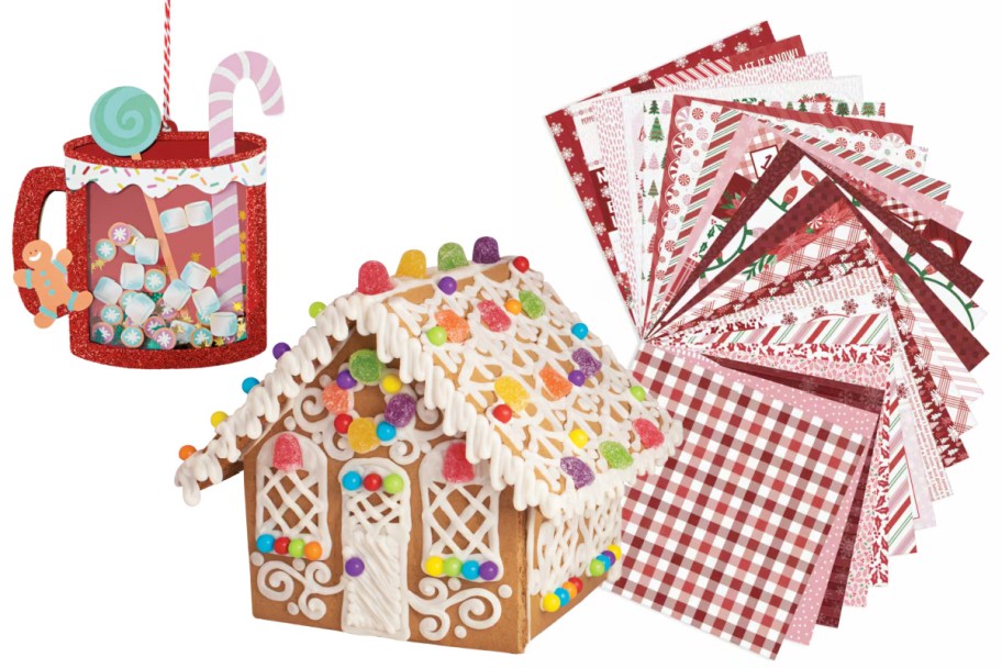 christmas crafts, paper, and gingerbread house 