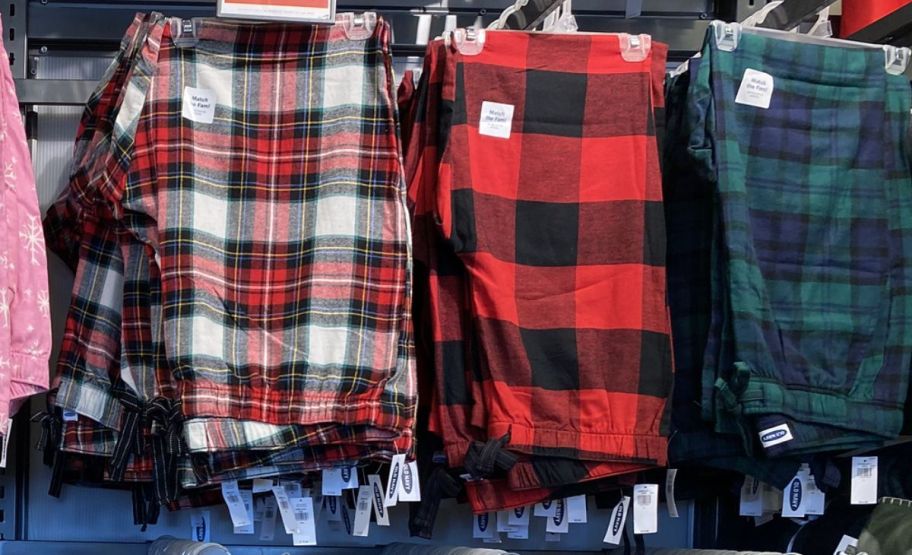 old navy pajama pants on a wall display in a store