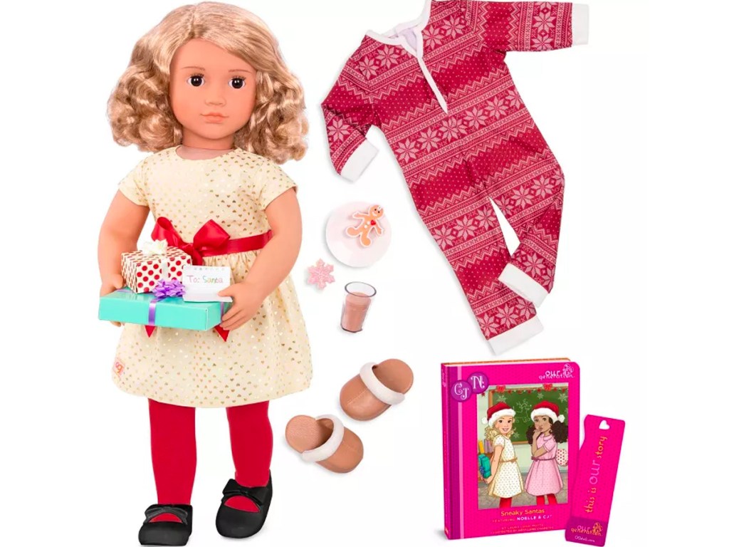 blonde our generation doll in holiday dress with pajamas, book and accessories