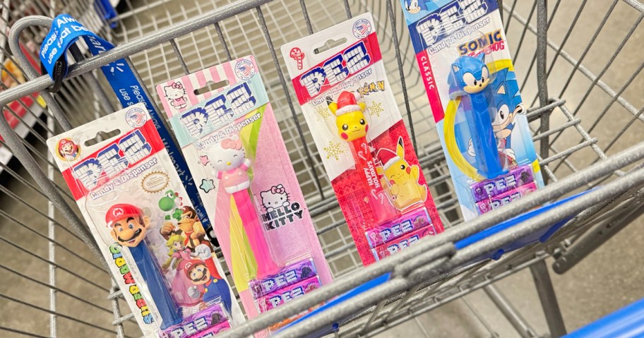 mario, hello kitty, pikachu and sonic pez dispensers in shopping cart 