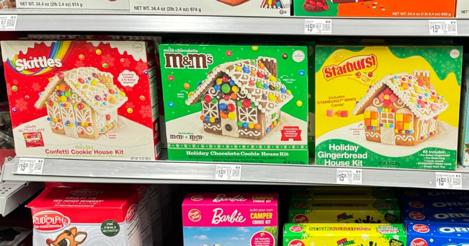 skittles, m&ms, starburst house kits on shelf 