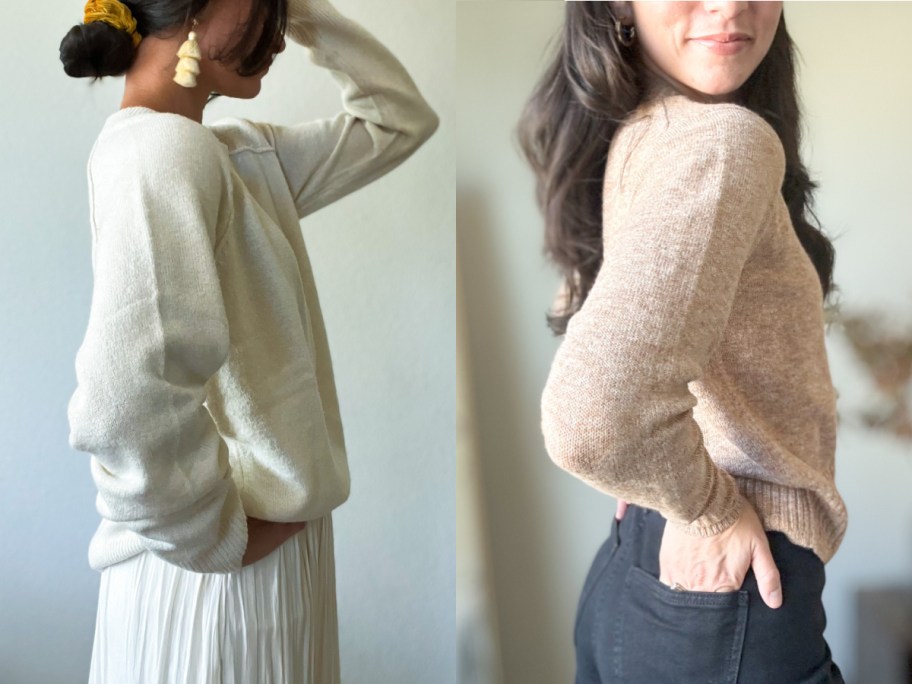 side profile image of woman in white and tan sweaters