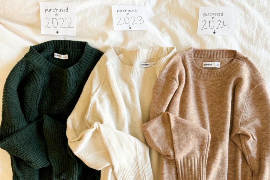 green white and tan knit sweaters