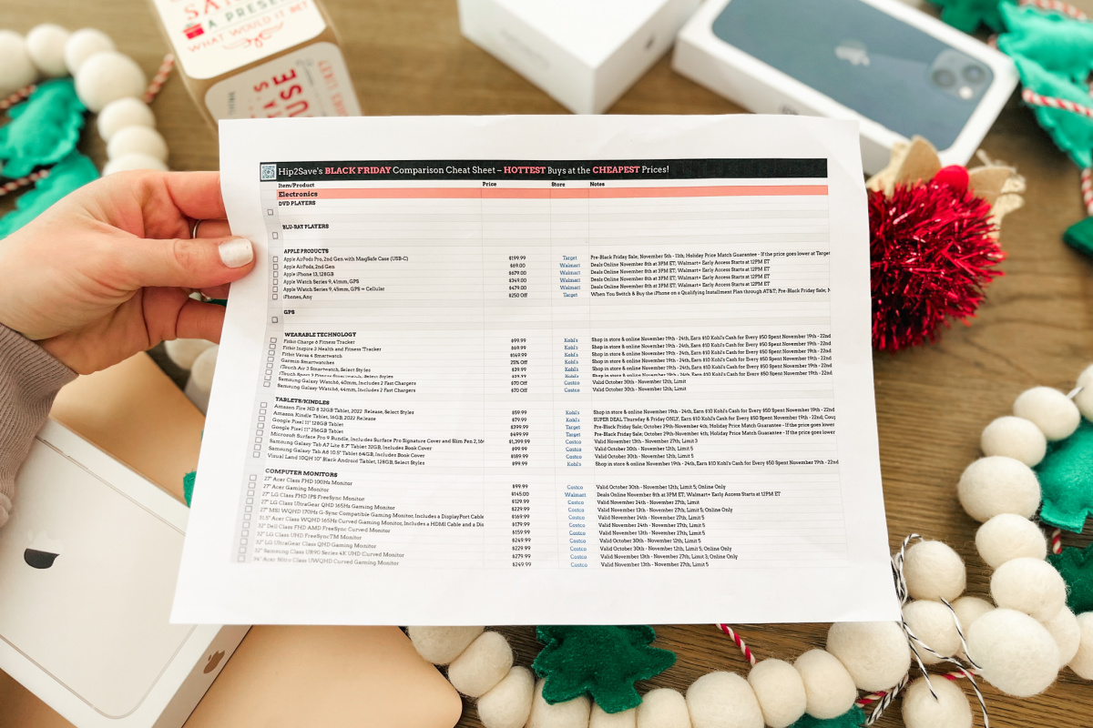 hand holding a black friday onlineparison tracker sheet near christmas themed items and gifts