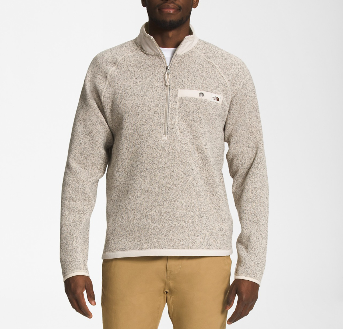 man wearing sandstone heather 1/4 pullover