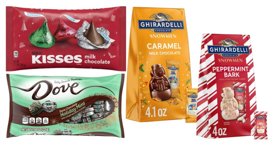 bags of holiday Hershey's Kisses, Dove Chocolates, and Ghirardelli holiday Snowman candies in Caramel and Peppermint Bark