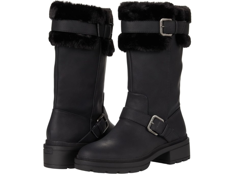 women's black mid calf boos with a buckle across the top and faux fur 