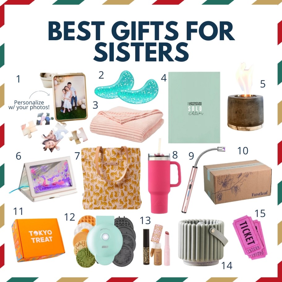 collage graphic of best gifts for sisters with various numbered stock photos of gift ideas