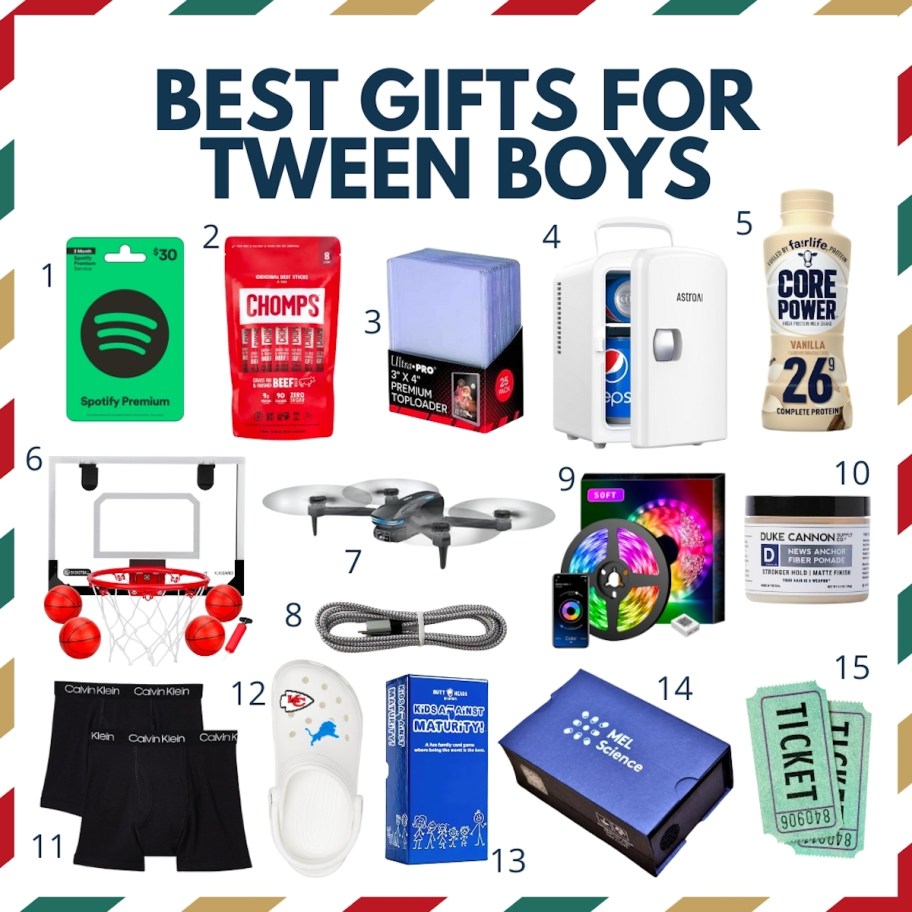 collage of the best gifts for tween boys with various stock photos of giftable items