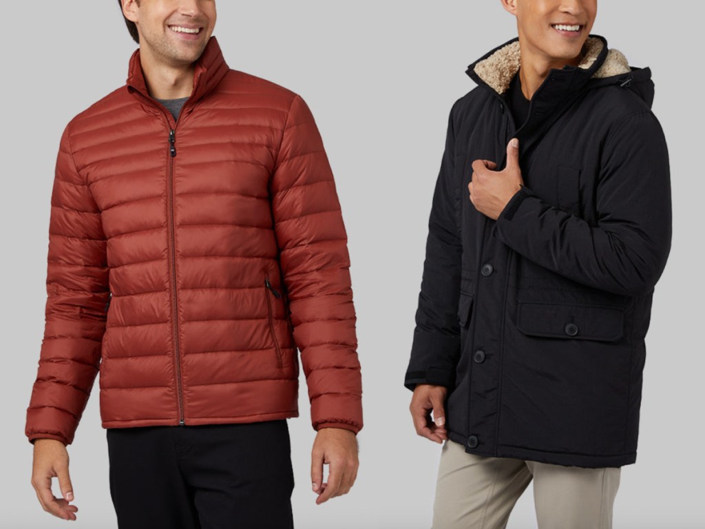 men in burnt orange puffer and black parka