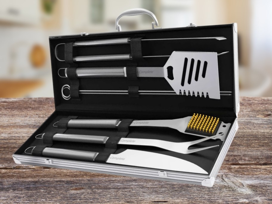 a grilling tool set in a silver carrying case