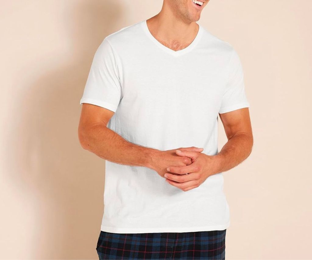 a male model wearing an Amazon Essentials Men's V-Neck Undershirt