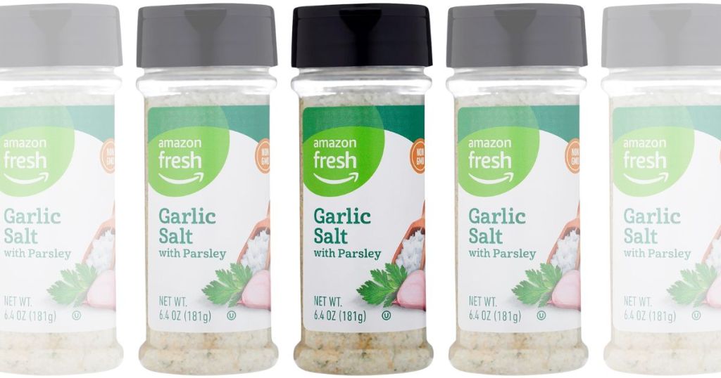 Amazon fresh garlic salt with parsley bottles stock image