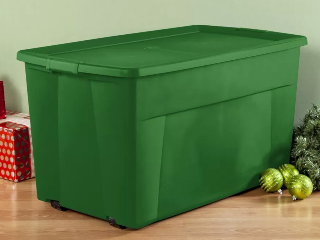 large green storage tote with wheels